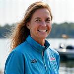 Portrait of Sarah 'Sunny' Miller, Angler's Edge co-founder, on a bass boat.