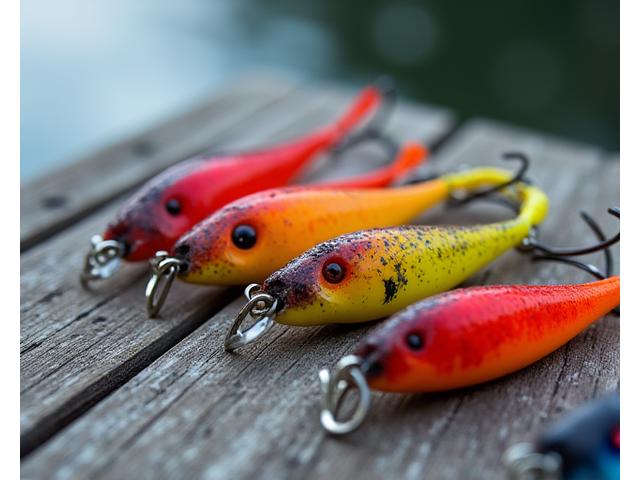 Colorful assortment of fishing jig lures on a wooden dock