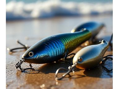 Heavy-duty saltwater fishing lures, including large metal jigs and poppers, designed for resilience.