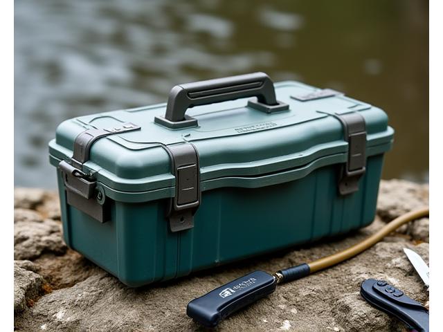 Rugged, organized tackle box filled with fishing tools and equipment.