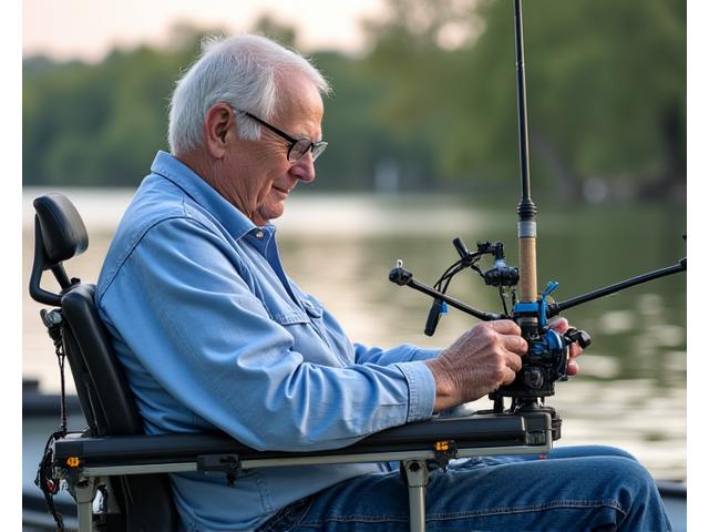 Senior angler demonstrating an adaptive fishing technique with specialized equipment, perhaps a rod holder or assisted reel.