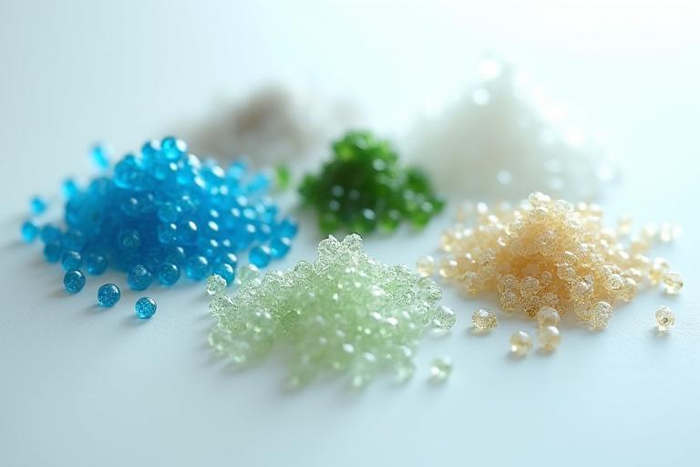 Close-up of innovative sustainable materials like recycled plastic pellets and plant fibers