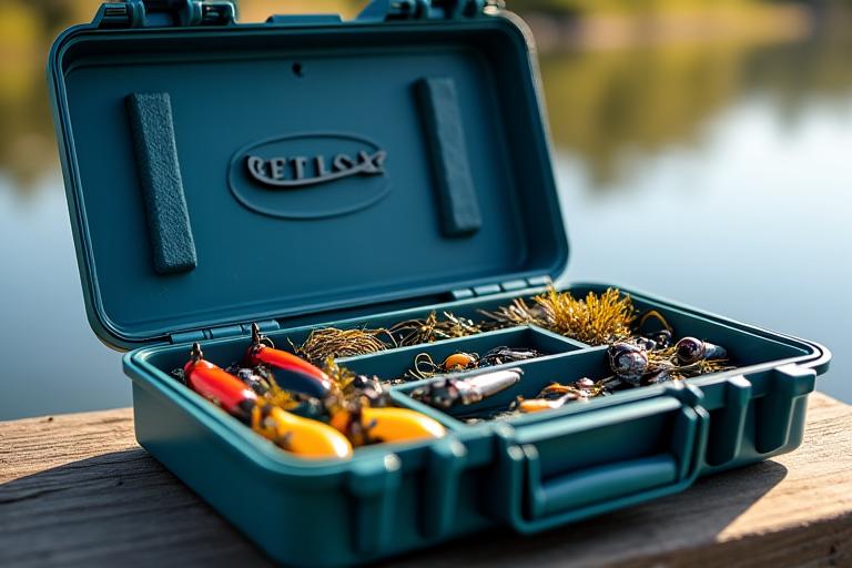 Open tackle box with perfectly organized fishing lures, hooks, and tools