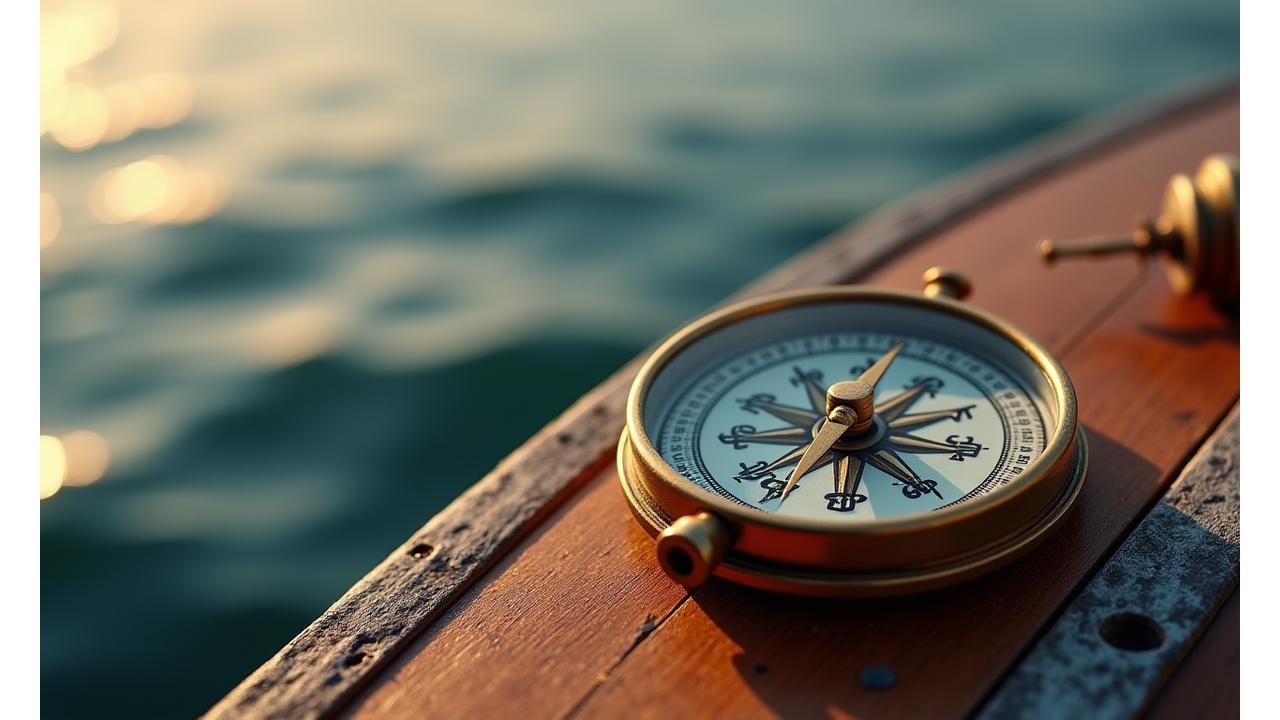 A vintage brass compass and a fishing reel on a wooden boat deck, symbolizing guidance and trust.